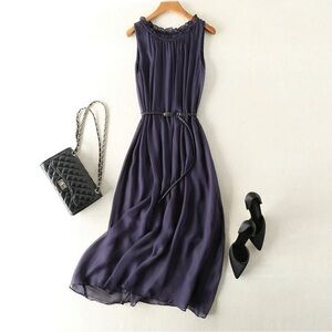 NWT Silk Sleeveless Dress Navy For Vacation One Size Honeymoon $209 SK1